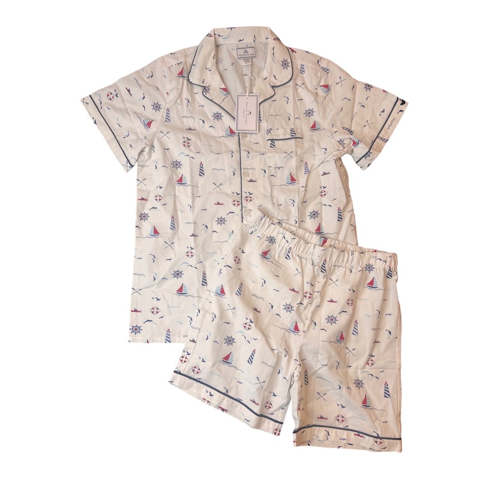 Petite Plume Boys Sail Away Short Set Pajamas White Nautical Print Size 14 NWT